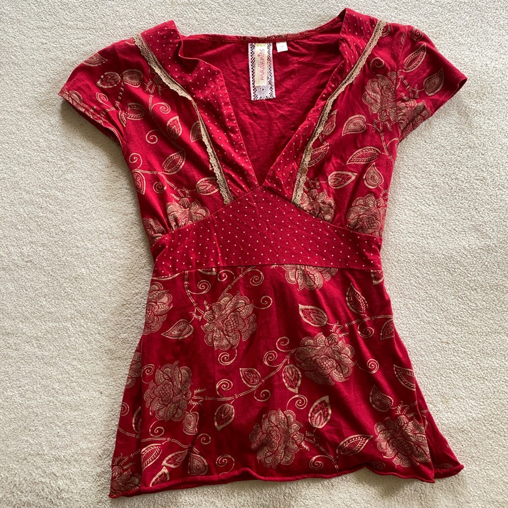Red Floral V-Neck Tunic Top with Gold Accents